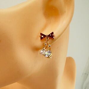 .925 Sterling Silver Gold Plated Red Bow Cherry Earrings New!